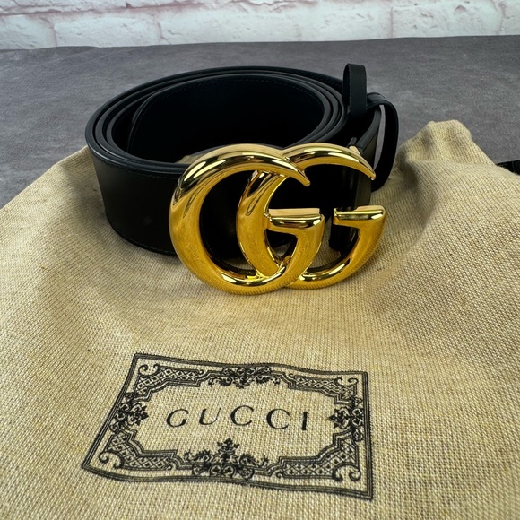 Authentic Gucci GG Marmont Wide Black Leather Belt Gold Buckle 406831 110/44 - Picture 1 of 10